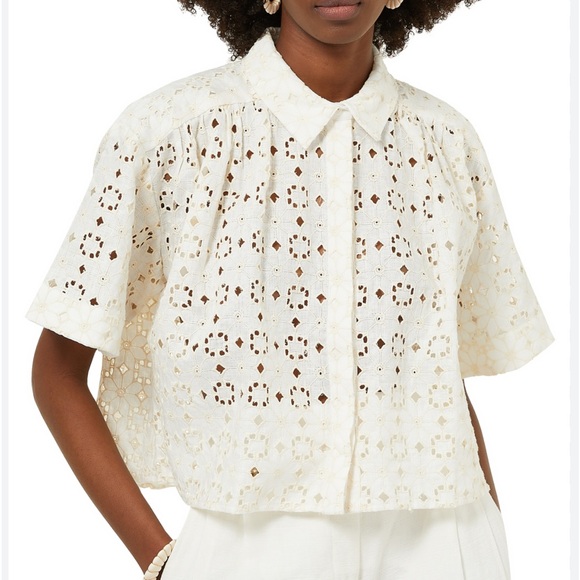 Shona Joy Tops - Shona Joy Fryda Short Sleeve Button Down Eyelet Linen Cropped Blouse US4